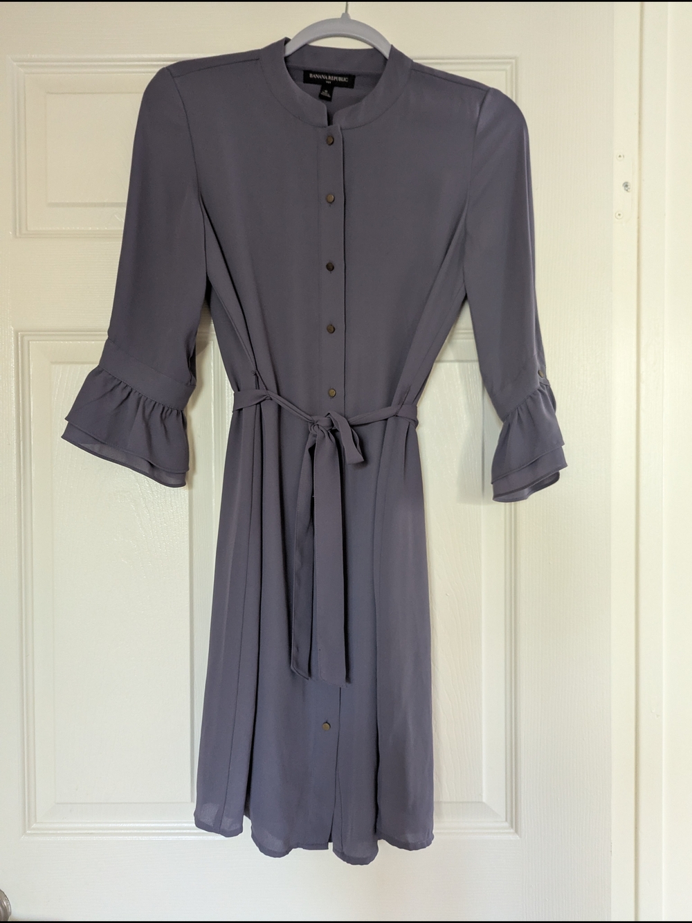 Banana Republic | Slate Gray Shirt Dress with Tie Waist and Ruffles